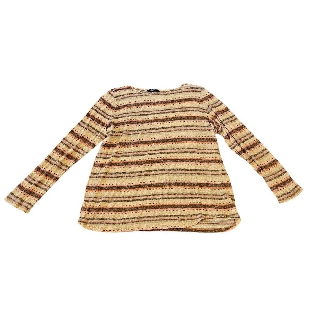 Lauren Ralph Lauren Women 2X Linen Striped Knit Long Sleeve Top Tan Brown